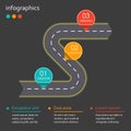Infographics template with asphalt road in shape of arrow with map pointers. Winding road with 3 steps, options or levels. Vector